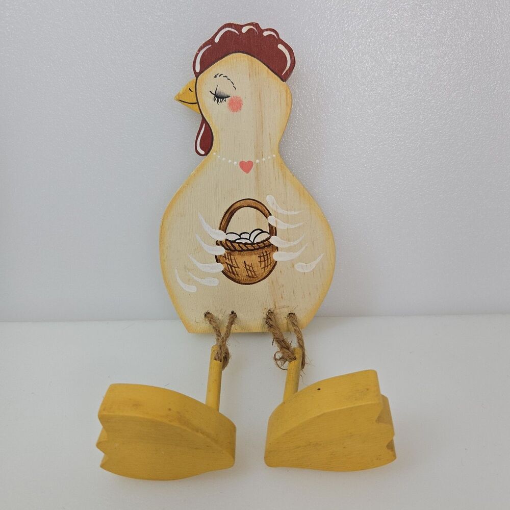 VTG Wooden Chicken Shelf Sitter with Dangling Legs Hand Painted Rustic Farmhouse